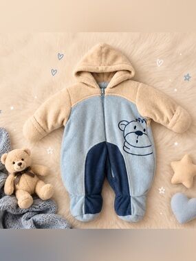 Baby Bell Blue Fleece Bunting Snowsuit 3M Hooded Bear One-Piece Winter Baby